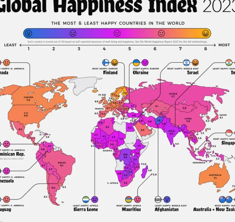 Mapa mundial con países coloreados según su nivel de felicidad